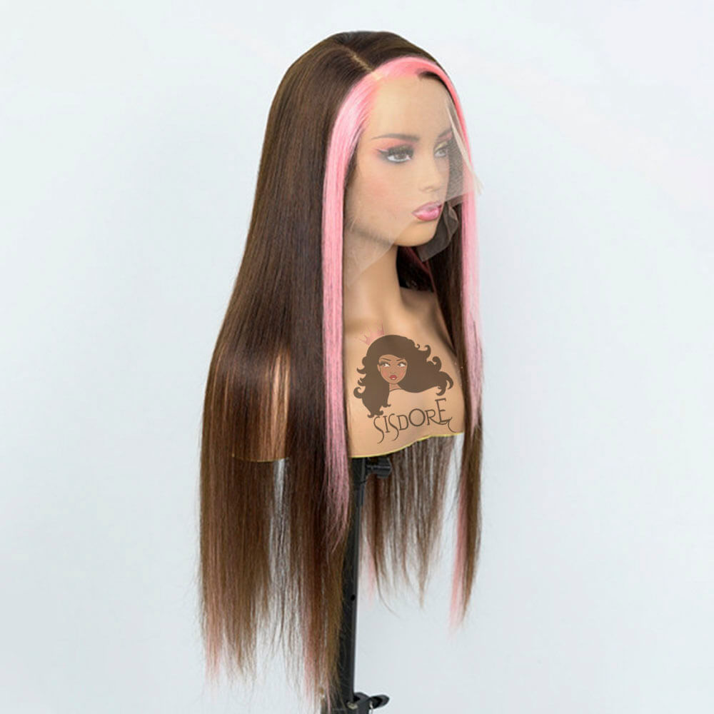 Brown Wig with Pink Streaks, Straight Lace Front Wig