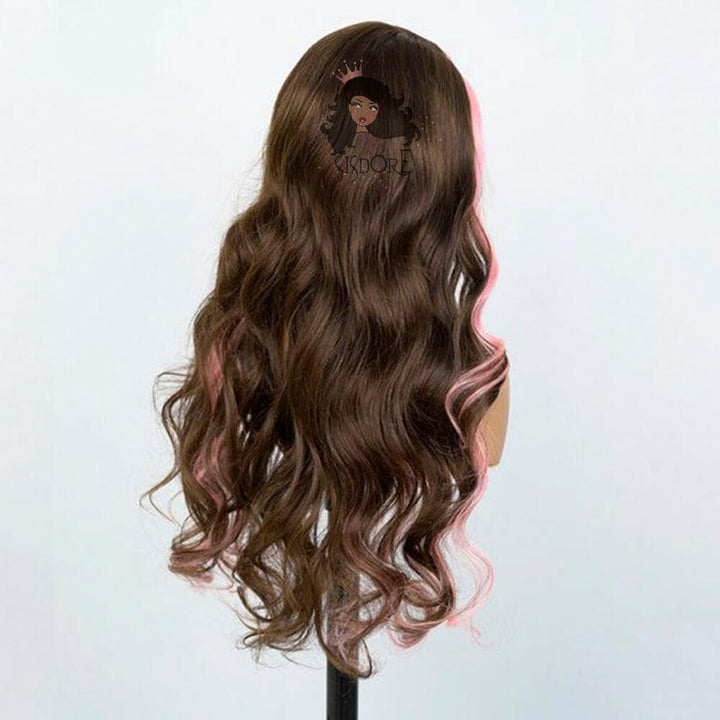 skunk stripe lace front wigs body wave brown with pink streaks 