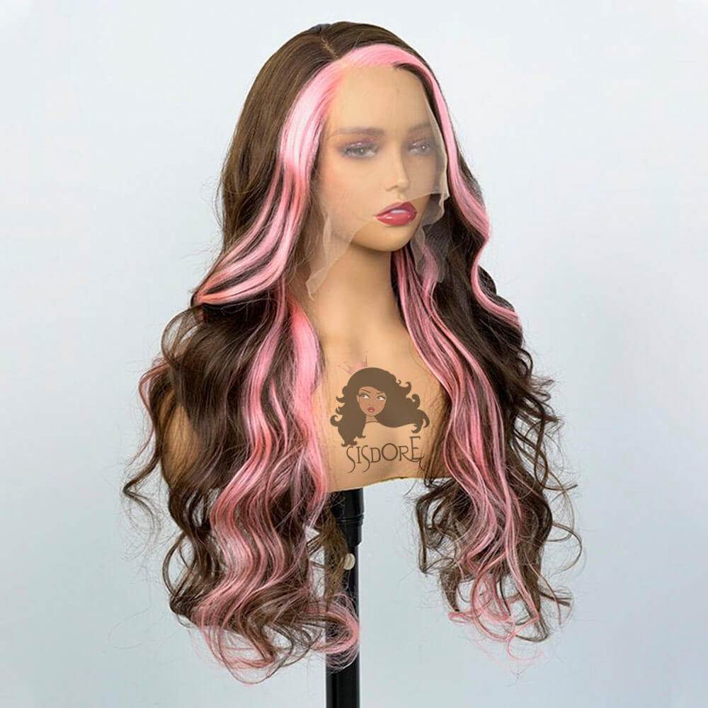 Body Wave Skunk Stripe Wig Brown Hair with Pink Streaks