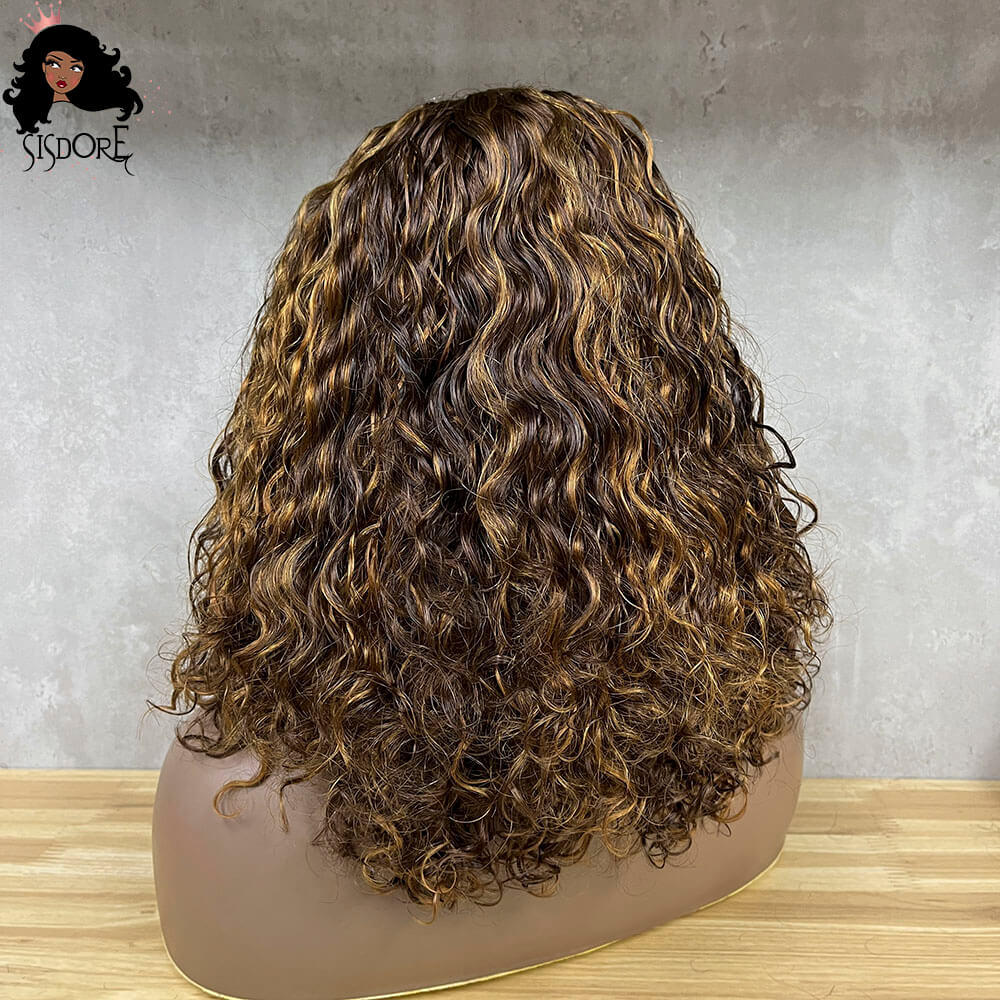 Brown and Blonde Highlight Curly Bob Wig with 4x1 T Part Lace