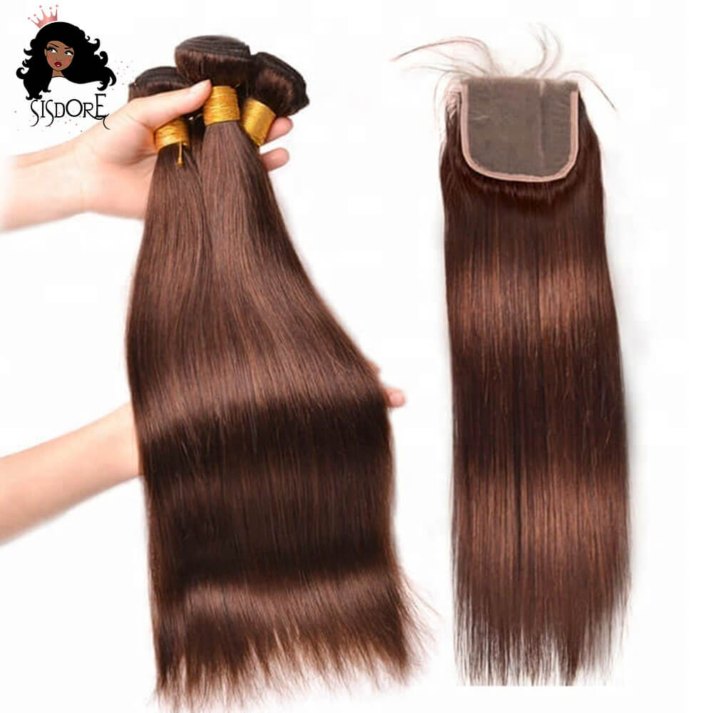 Chocolate Brown Straight Hair Bundles with Lace Closure
