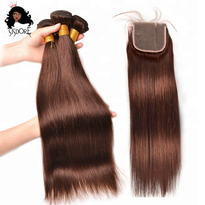 Chocolate Brown Straight Hair Bundles with Lace Closure