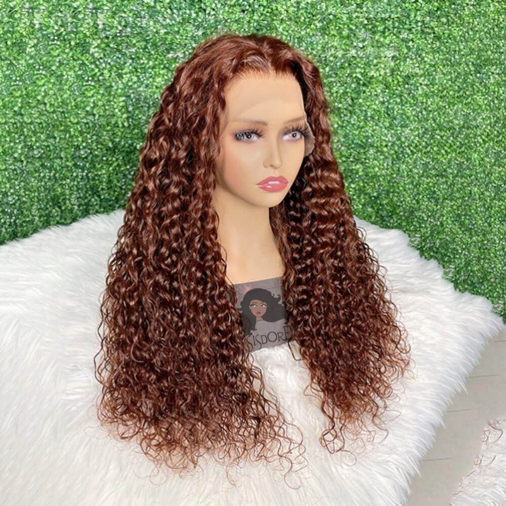 Dark Reddish Brown Water Wave Human Hair Wigs, Dark Auburn Wet and Wavy Hair Wigs. Cheap Brown Red Curly Hair 13x4 Lace Front Wigs.