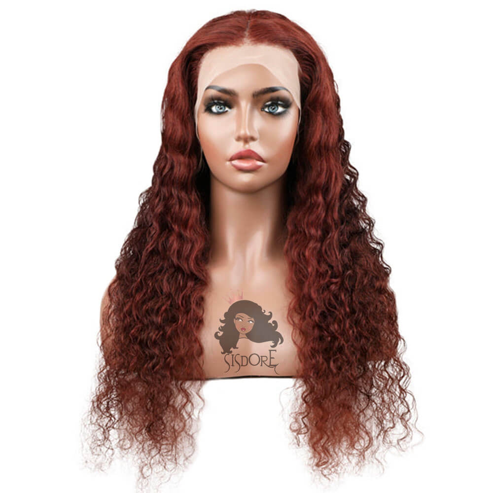Dark Auburn Human Hair Wig Deep Wave Lace Front Wigs #33