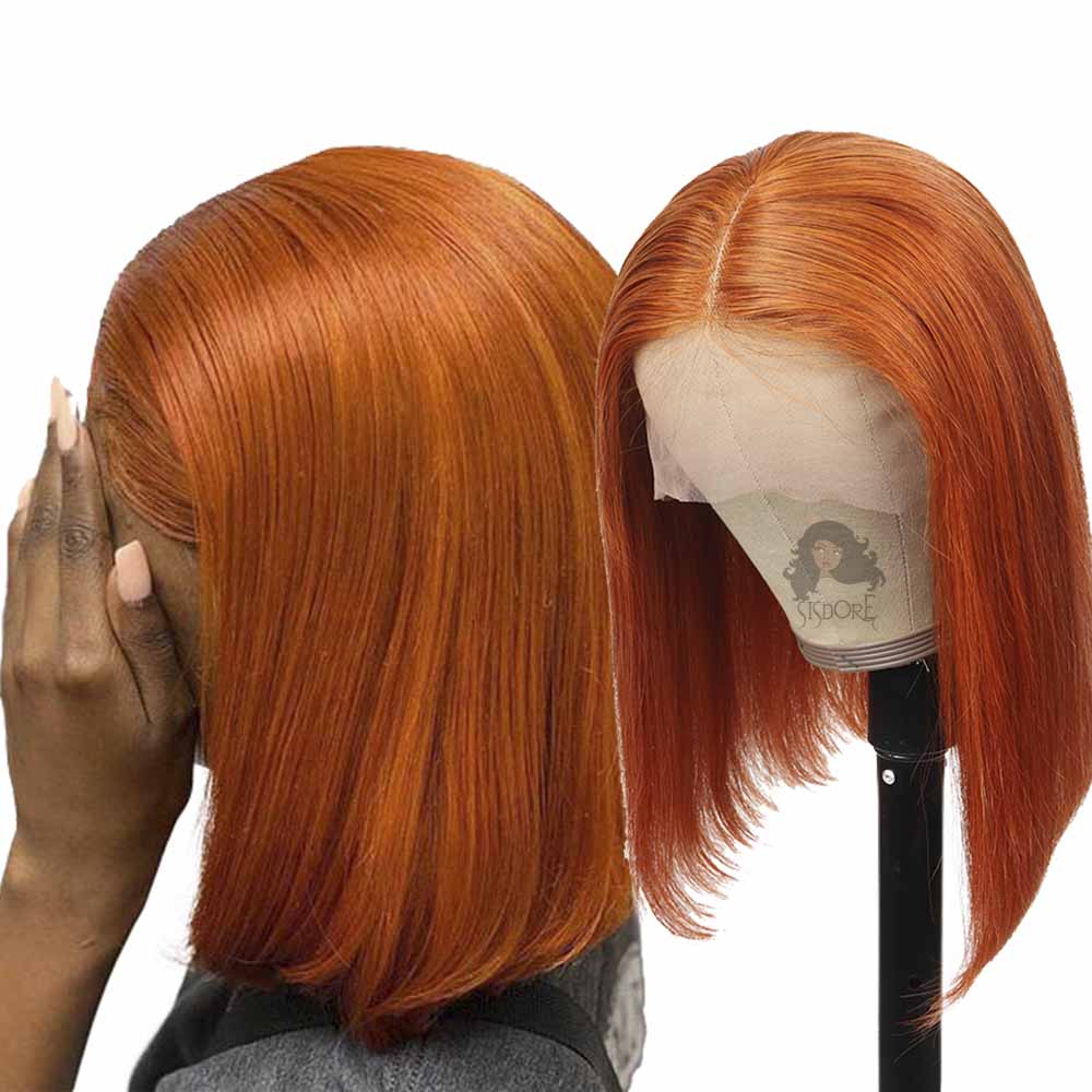 Ginger straight bob wig, short ginger orange hair lace front wig human hair