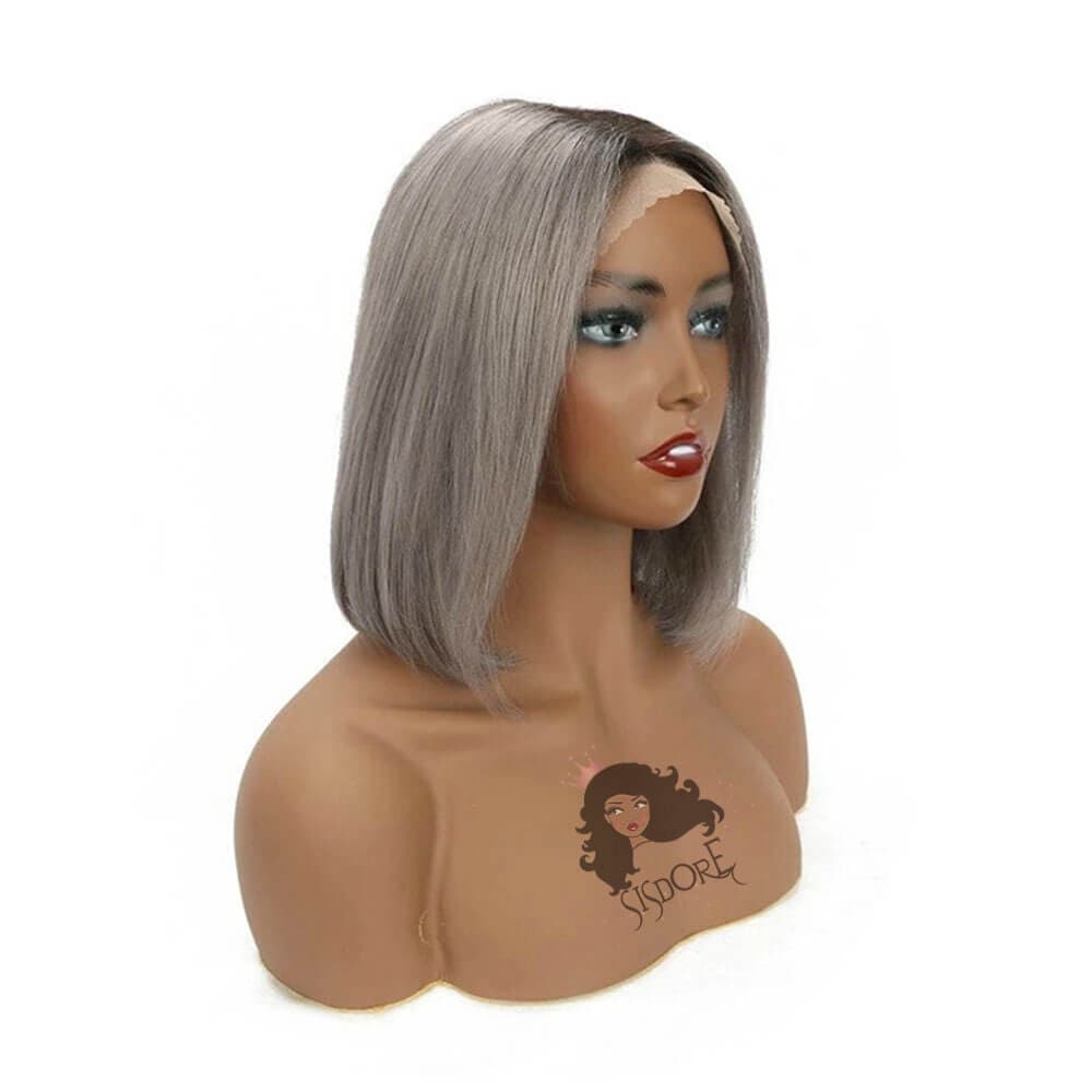 Gray lace front bob wig, short human hair in silver grey