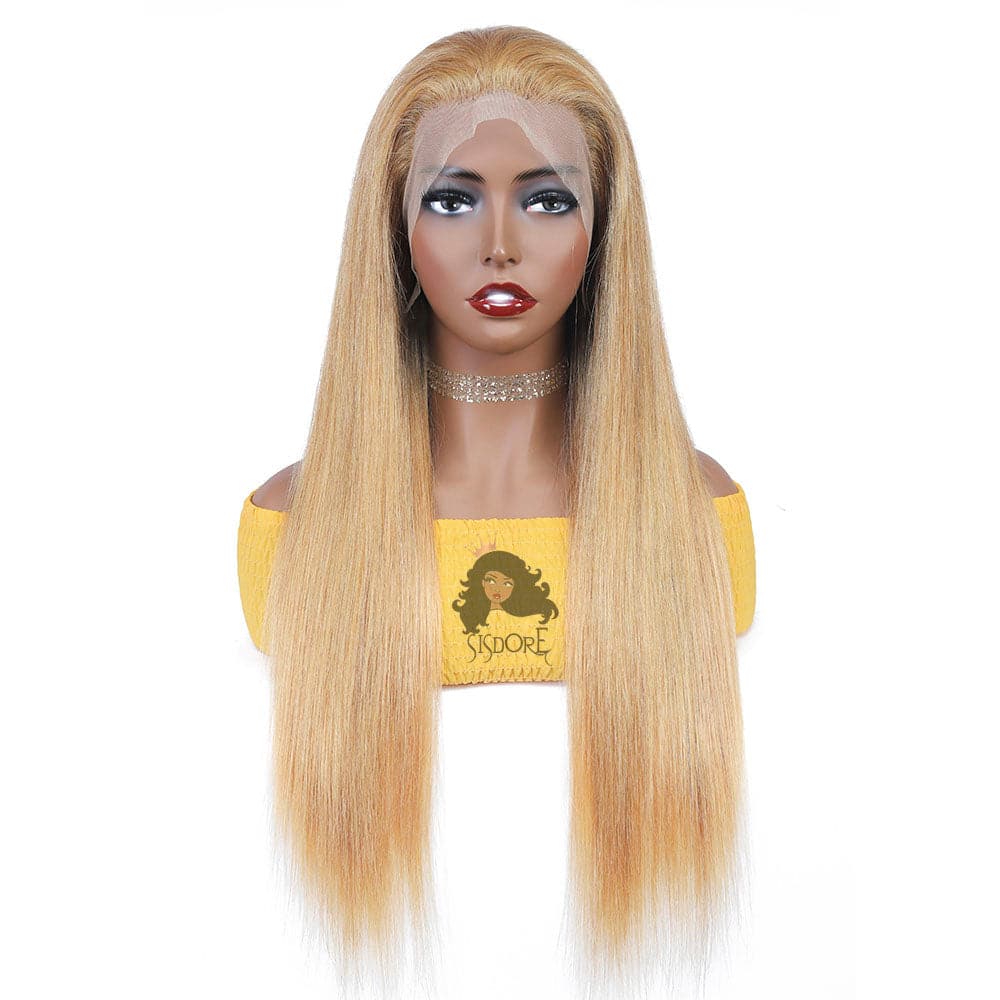 Honey Blonde Lace Front Wig, #27 Strawberry Blonde Straight Human Hair Lace Front Wig