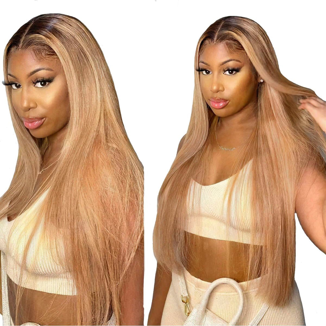 Honey Blonde Ombre Straight Human Hair Wigs with Black Roots #1B/27