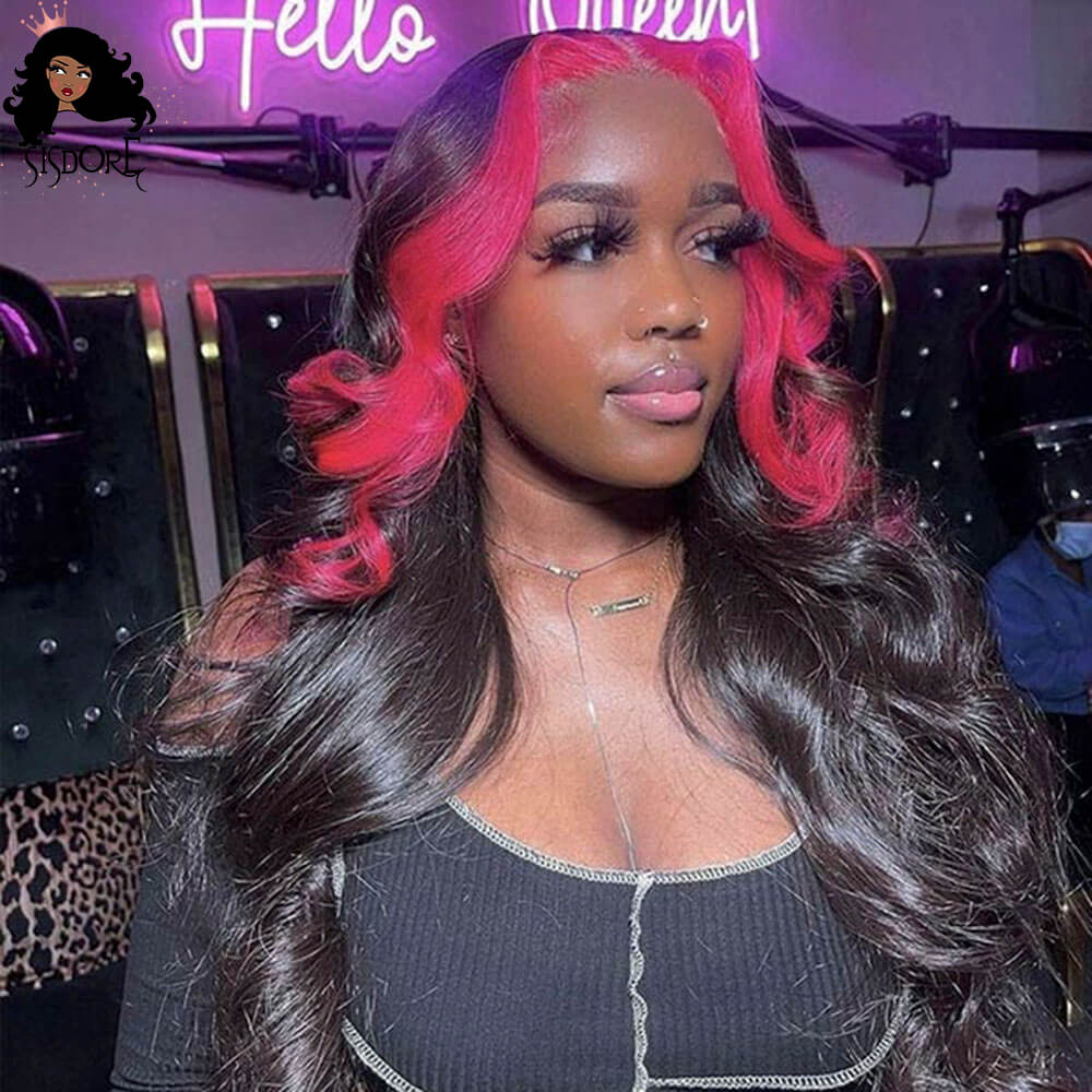 Hot Pink Hair Skunk Stripe Wigs, Pink Streaks middle part 