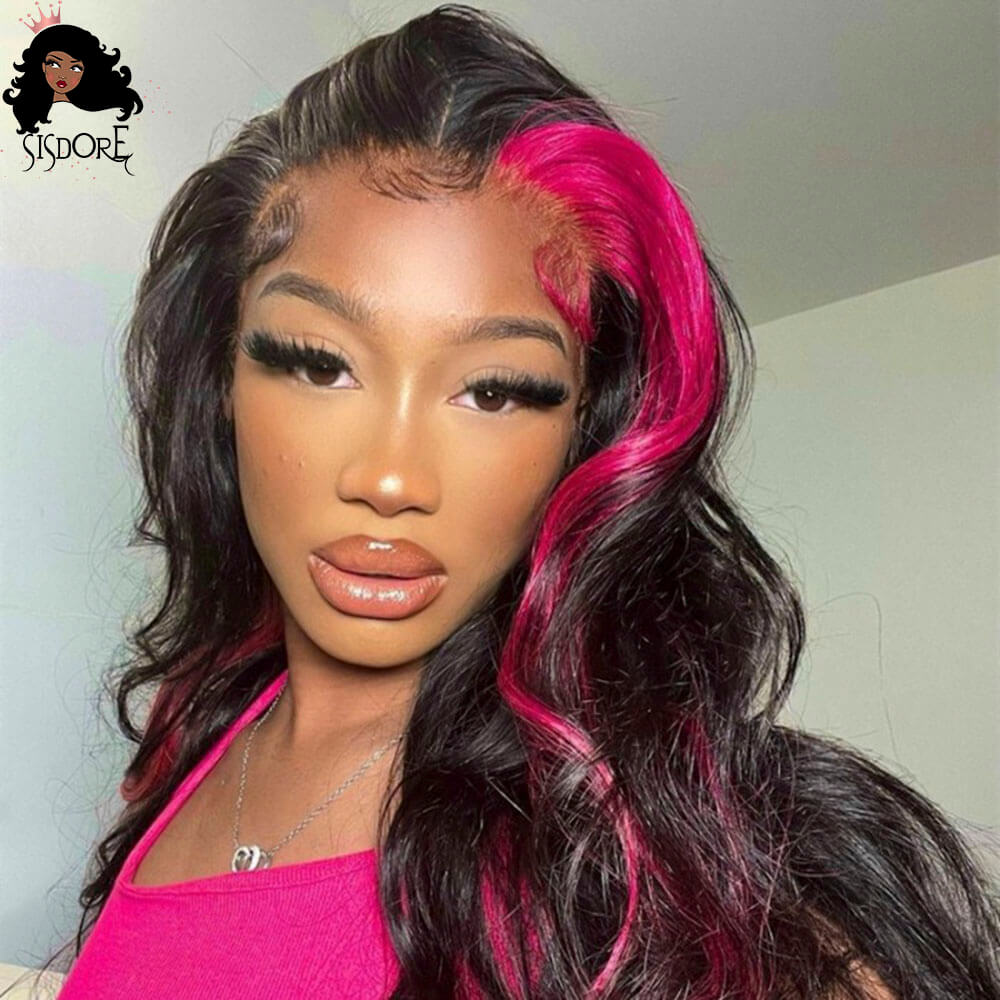 Hot Pink Hair Skunk Stripe Wigs, Pink Streaks left part 