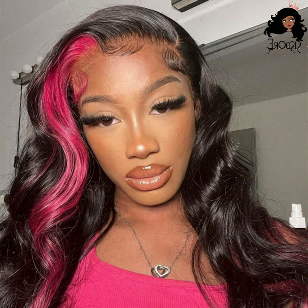 pink streaks on black hair skunk stripe wigs human hair body wave 