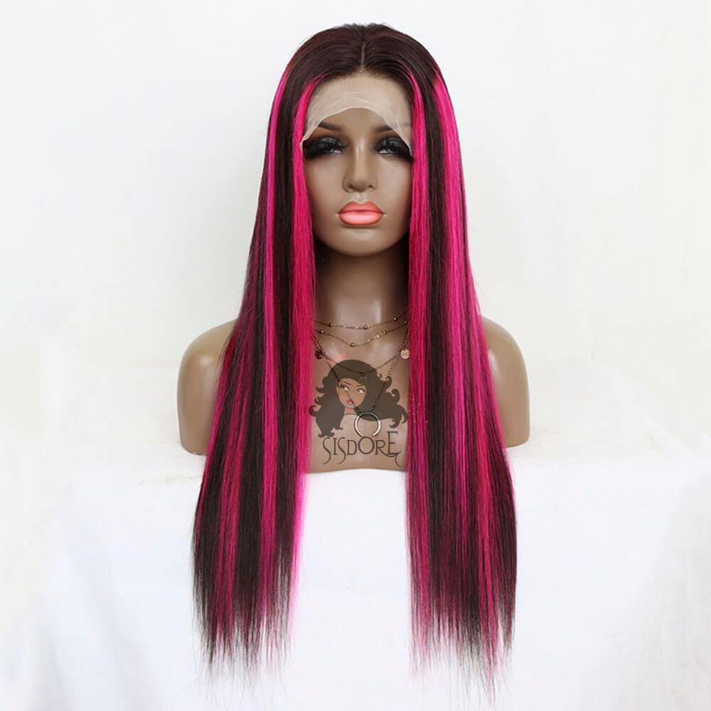 Black and pink highlights straight human hair lace front wig