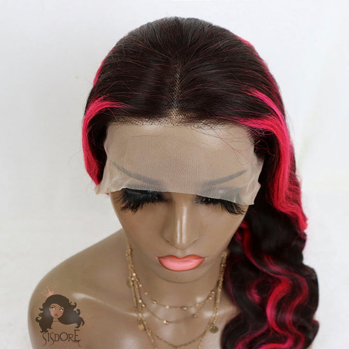 pink skunk highlights in black hair body wave 13x4 frontal wig