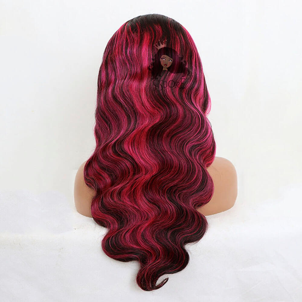 Body Wave Wig - Black with Hot Pink Chunky Highlights 