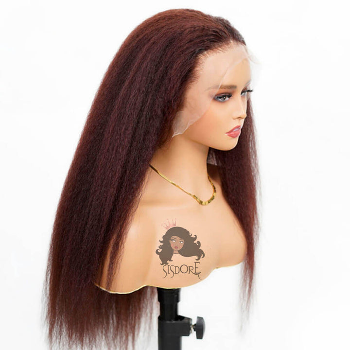 dark auburn kinky straight human hair lace front wig