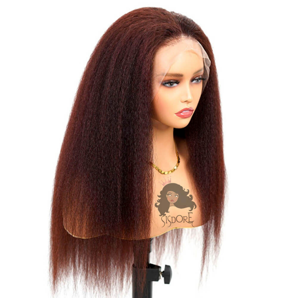 Reddish brown kinky straight lace front wig, realistic wigs for black women