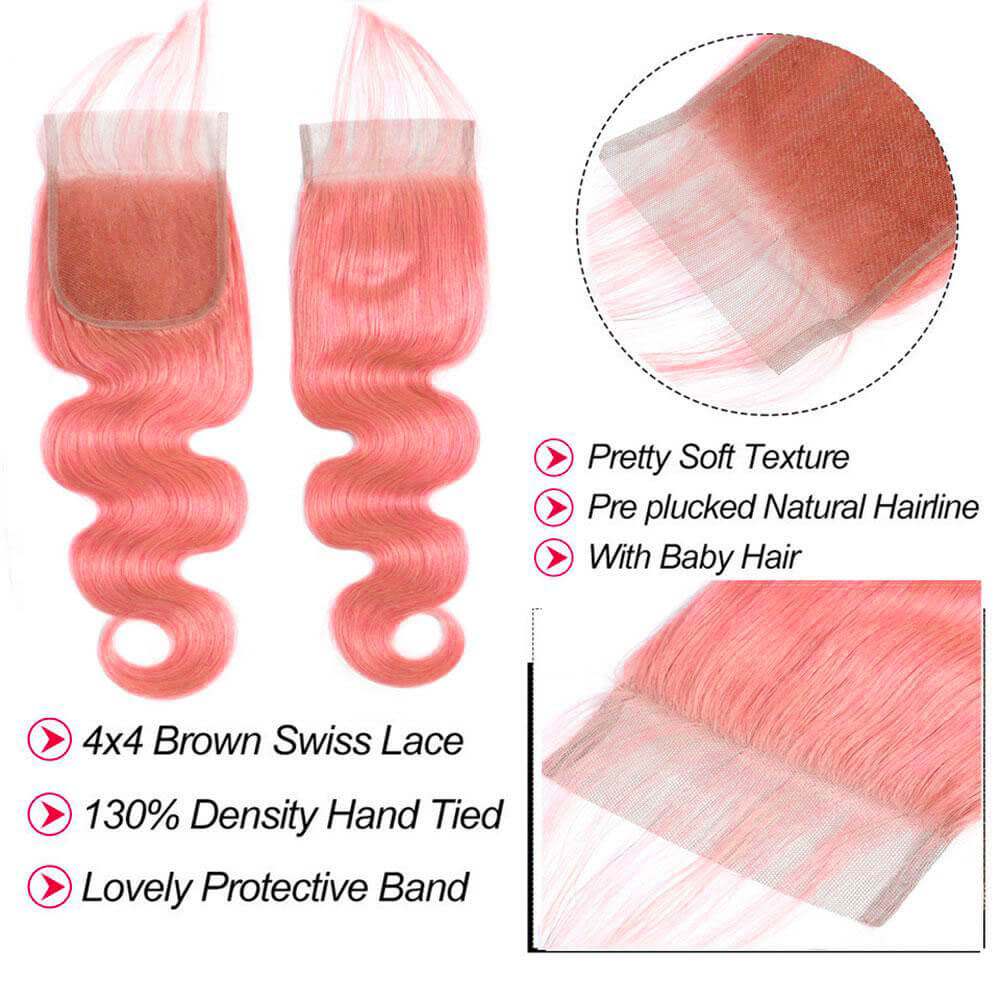 Light pink hair color 4x4 lace closure body wave human hair