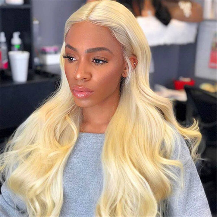 613 light bleach blonde body wave human hair  4x4 hd lace closure wig