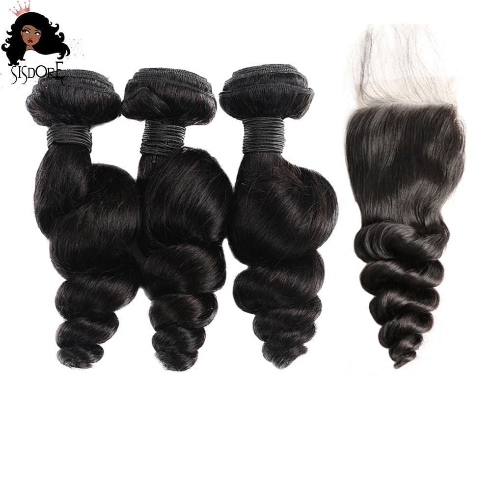 Loose wave virgin Brazilian hair weaves with lace closure