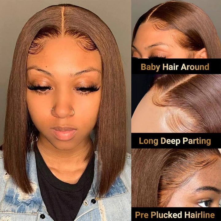 Medium Brown Short Straight Hair Wigs Color #4 Bob Wig