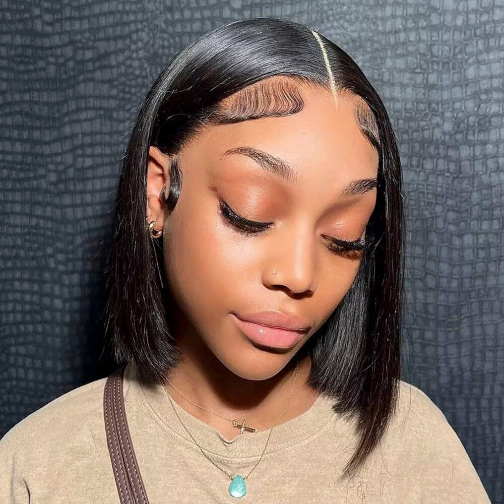 Middle Part Bob Wigs, Short Black  Straight Human Hair HD Lace Wigs 