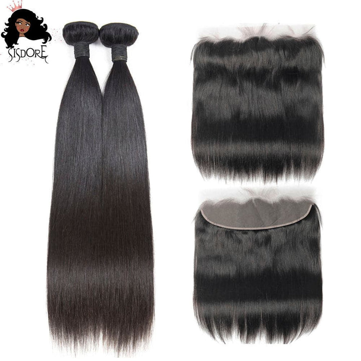 13x4 HD lace frontal with 2 bundles straight black human hair