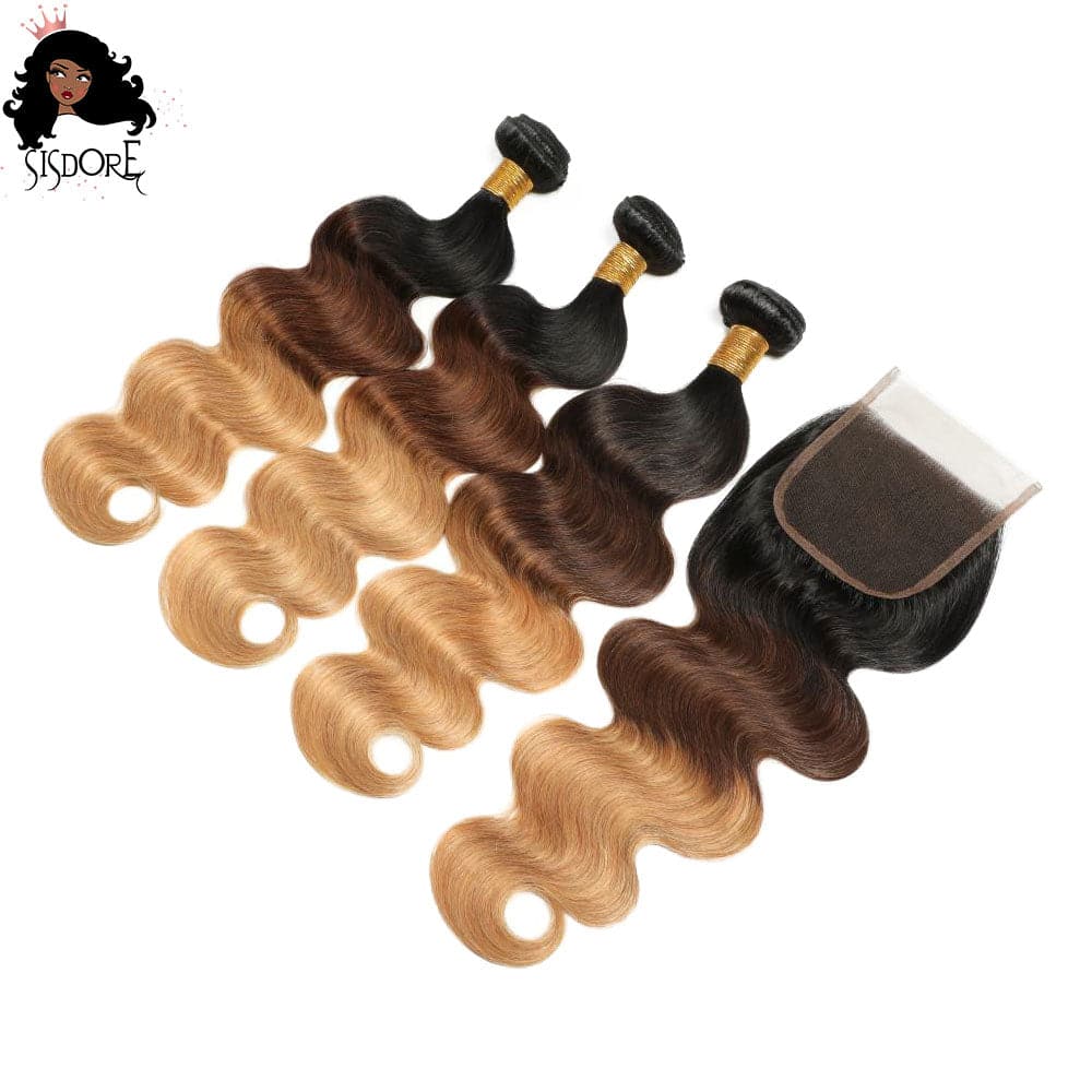 Ombre body wave hair bundles with 4x4 lace closure in #1B/4/27
