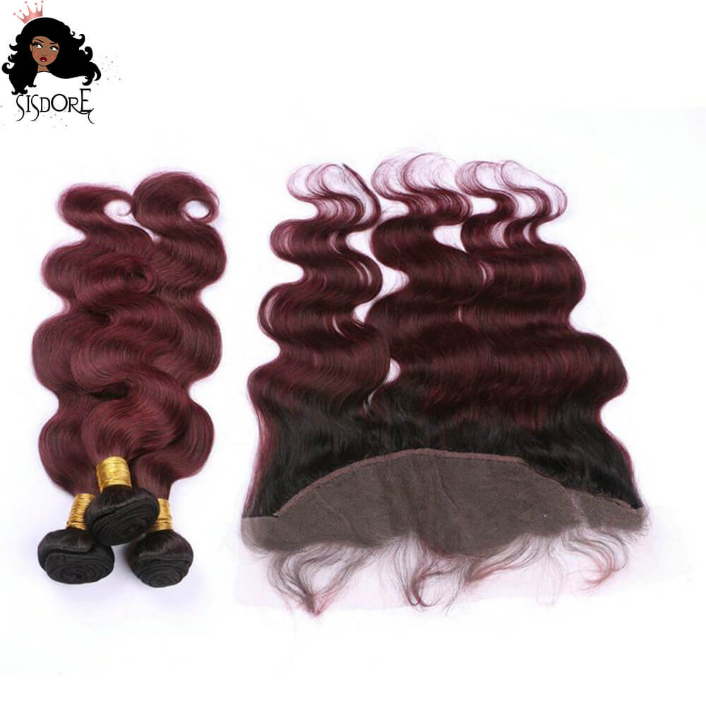 1b 99j Ombre burgundy bundles with frontal