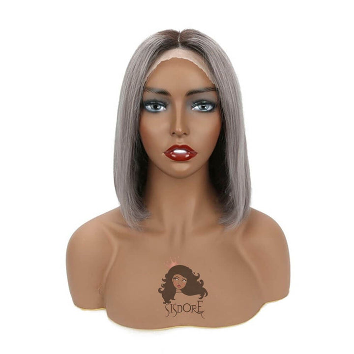 Ombre gray bob wig with black roots, lace front human hair