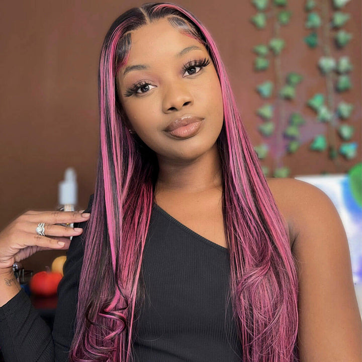 Pink Skunk Stripe Wig - Black Straight Human Hair Lace Front Wig with Hot Pink Chunky Highlights