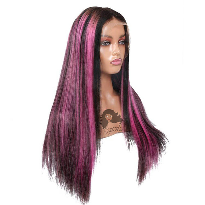 13x4 Lace Front Human Hair Wig with Pink Skunk Highlights