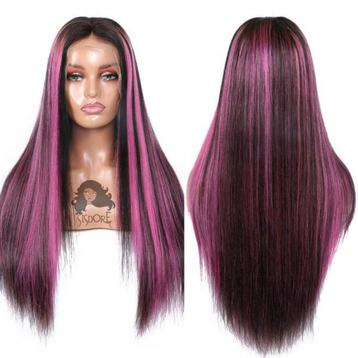 Straight Human Hair Lace Front Wig with Skunk Stripe Pink Highlights on Black Hair