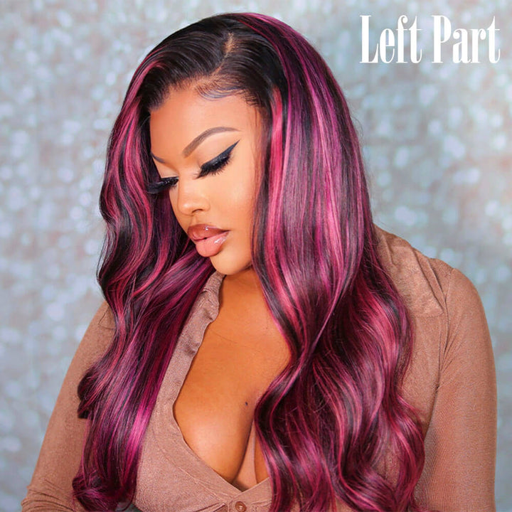 Black Hair with Chunky Hot Pink Highlights Body Wave Wig