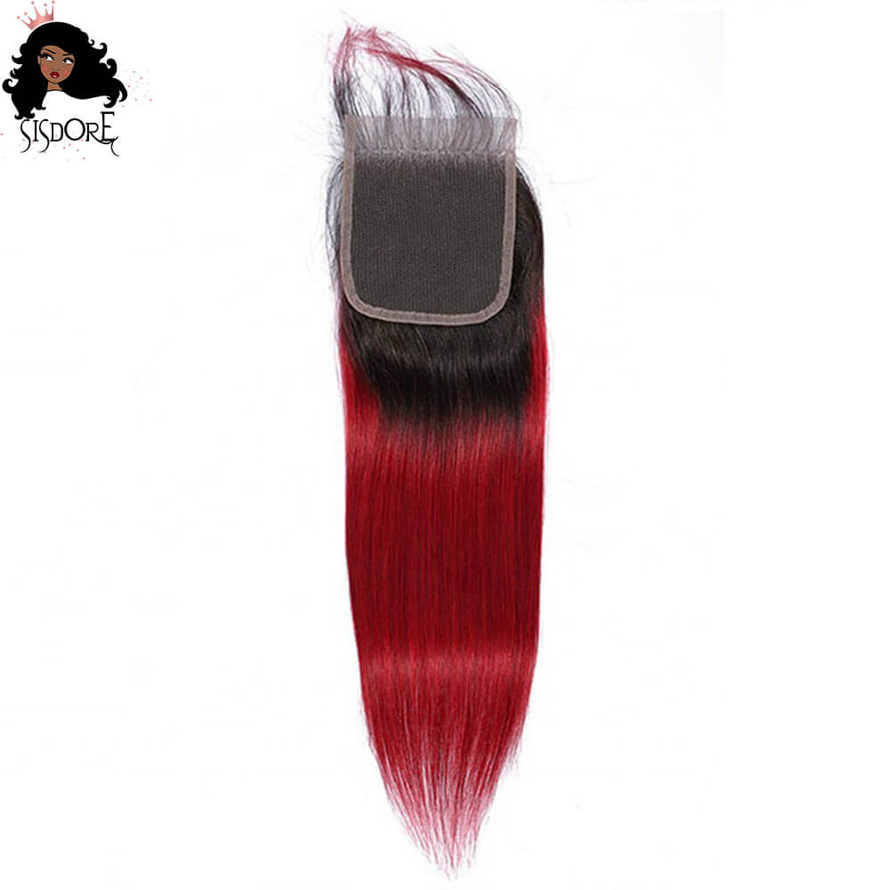 1B/Red Dark Roots Ombre Straight Human Hair 4x4 Lace Closure