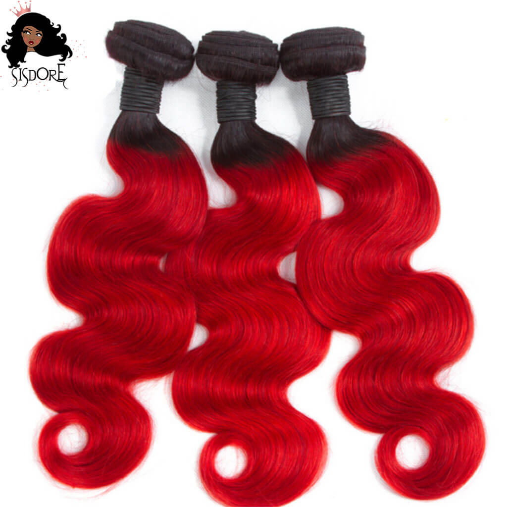 Red Body Wave Virgin Human Hair Bundles with Black Roots