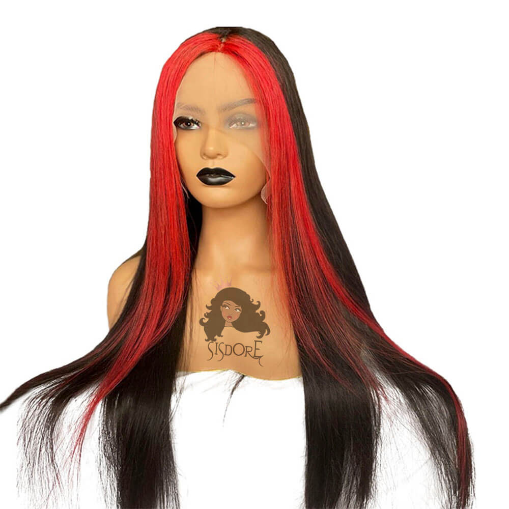 Red Skunk Stripe Human Hair Wigs, Two Red Streaks in front of hair