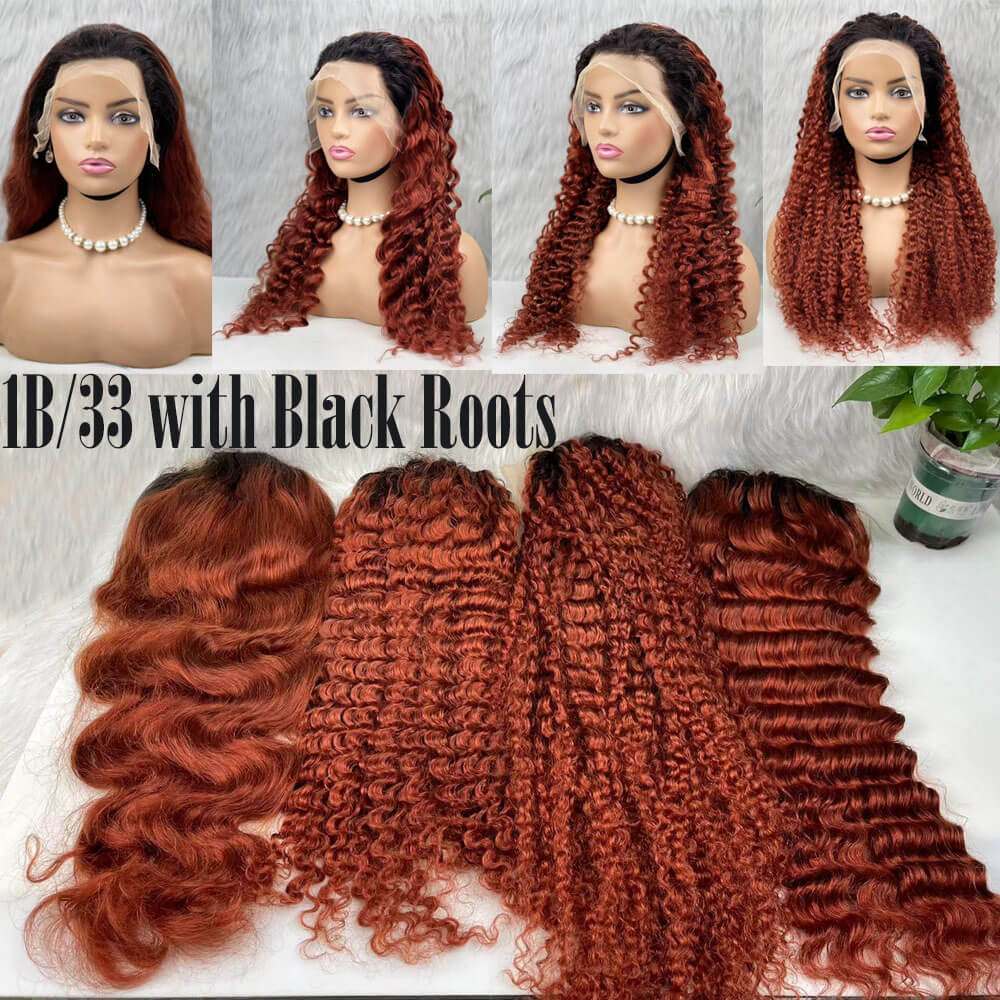 Reddish Brown Human Hair Wigs, 1b 33 Dark Auburn Hair Lace Front Wigs with Black Roots