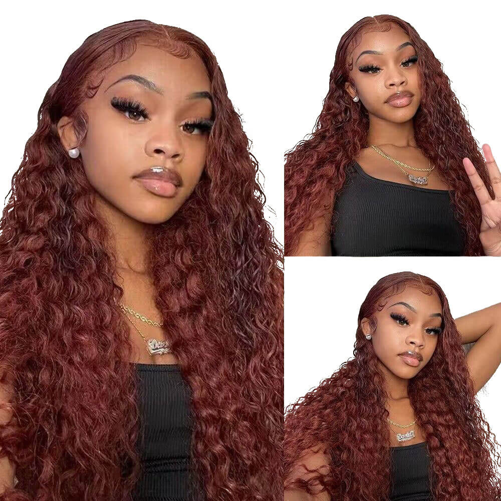 Reddish Brown Deep Wave Human Hair Wig #33, 13x4 Lace Front Wig
