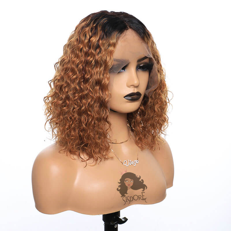 Short 1B/30 Curly Bob Lace Front Wig – Ombre Auburn Human Hair