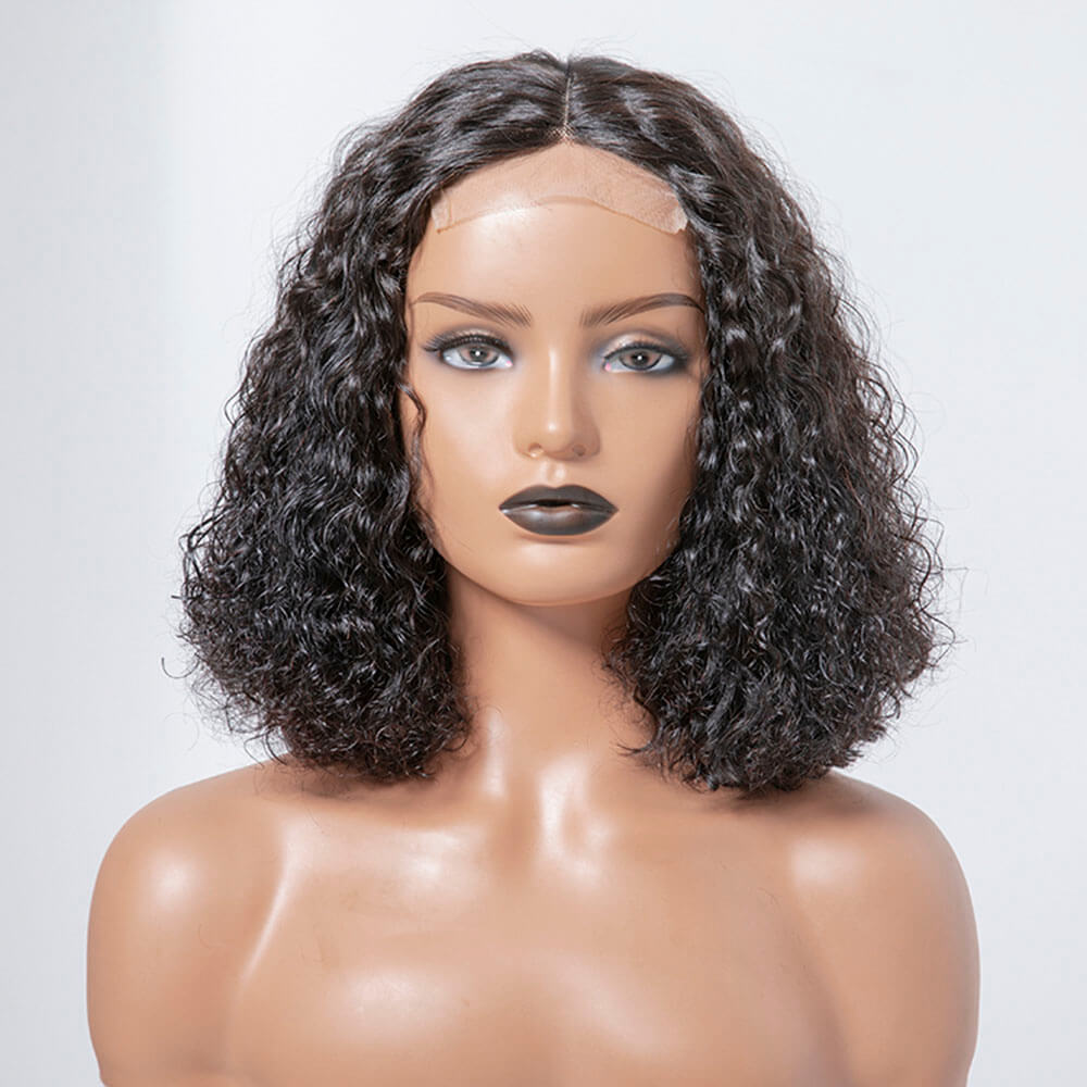 Short Black Curly Human Hair Bob Lace Closure Wigs Water Wave