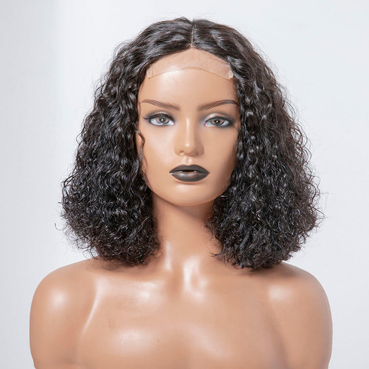 Short Black Curly Human Hair Bob Lace Closure Wigs Water Wave