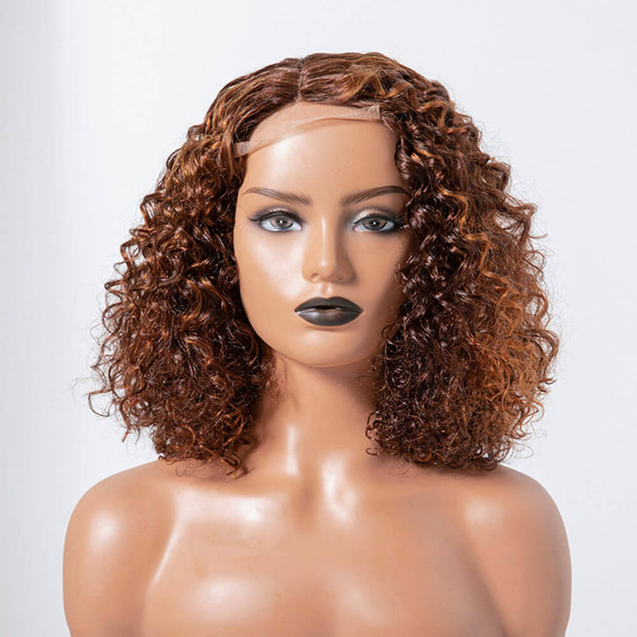 Short Curly Brown with Auburn Highlight Bob 4x4 Lace Closure Wig Water Wave