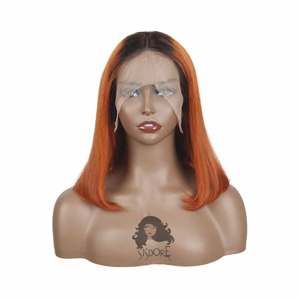 Short Ginger Human Hair Bob Wig with Black Roots
