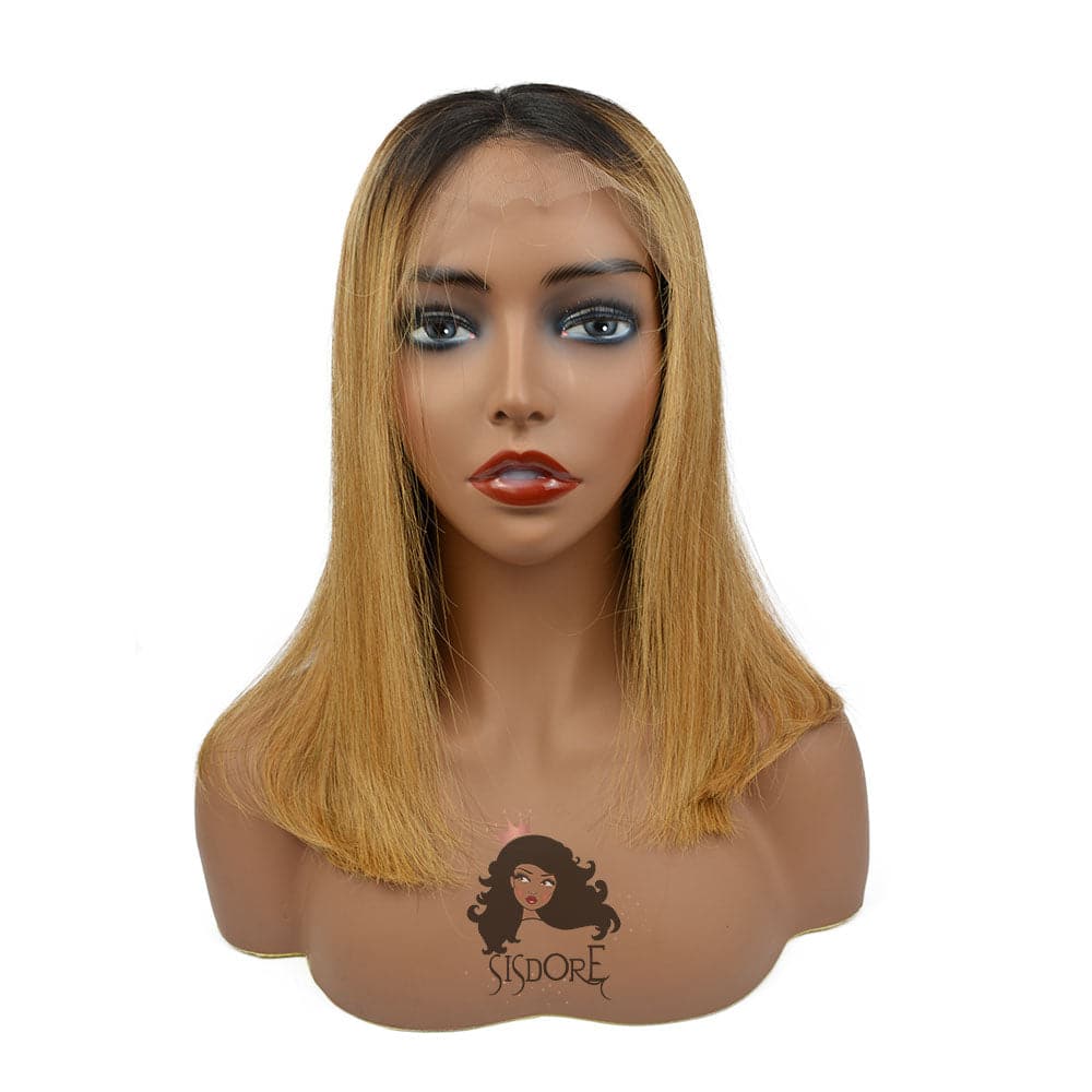Short Straight Blonde Ombre Human Hair Bob Wig 14 inch