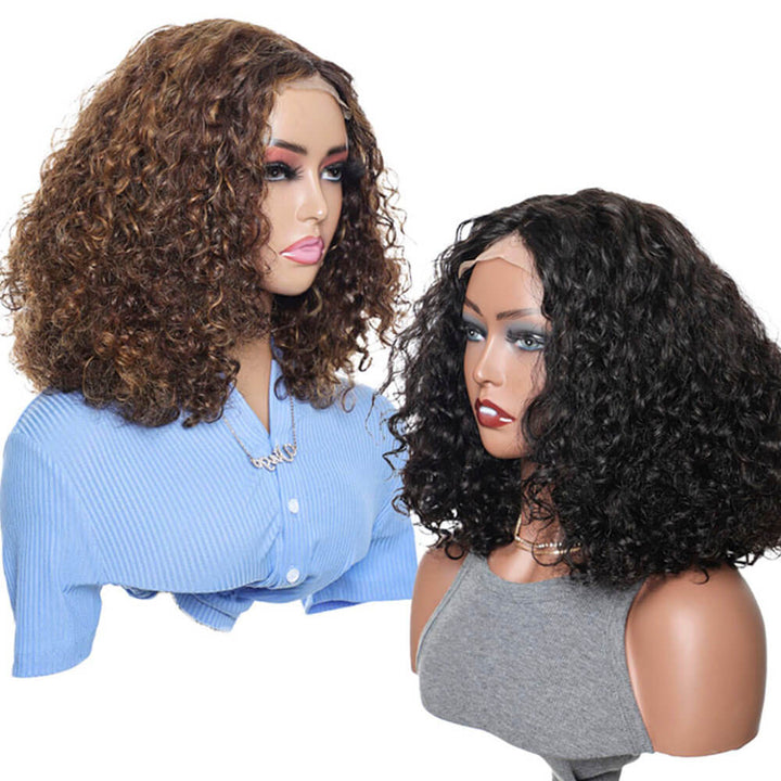 Short black curly wig, water wave highlight bob wig
