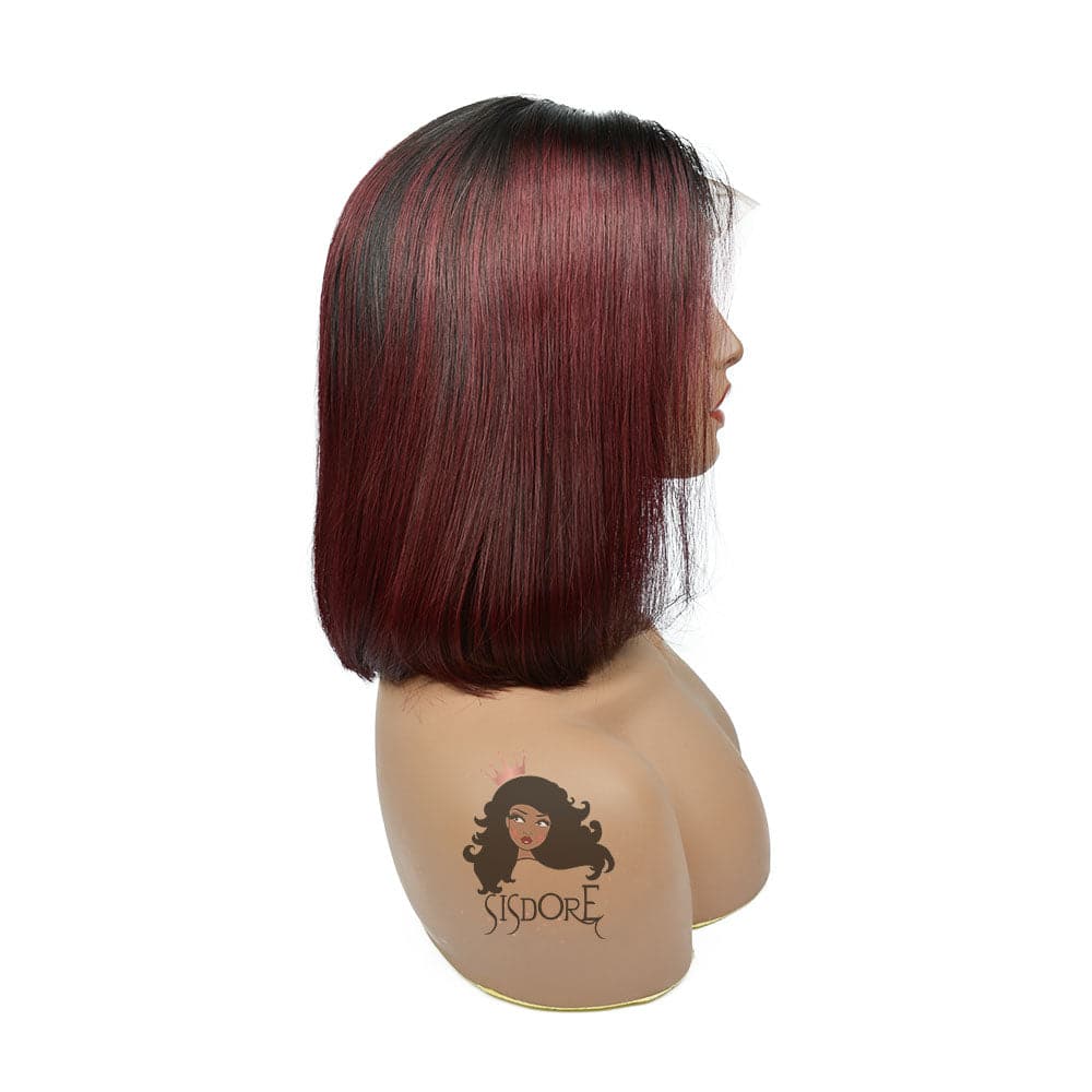 Short burgundy ombre wig with black roots 12 inch straight
