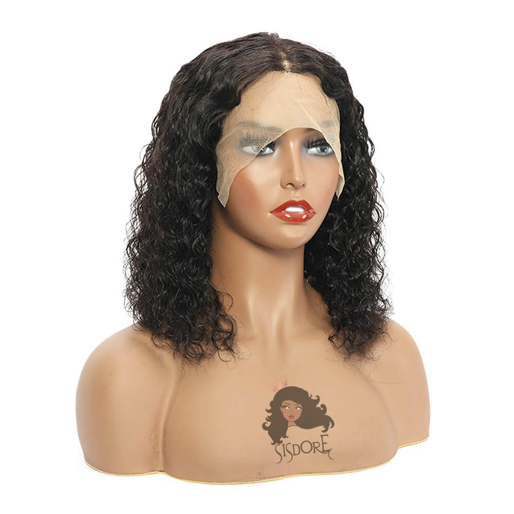 Short curly lace front wig, water wave human hair wig