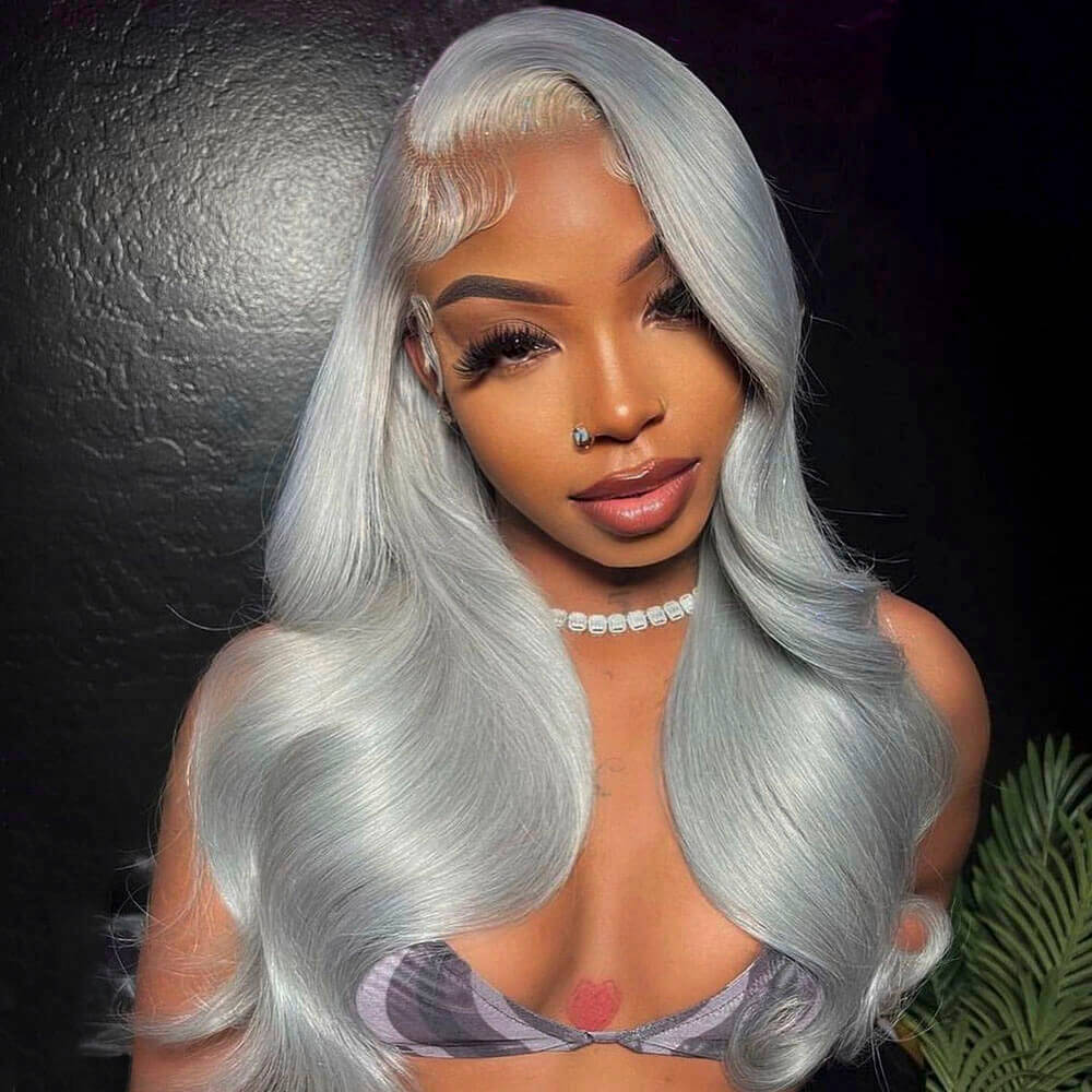 Silver gray body wave human hair lace front wig