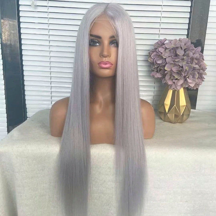 long straight silver gray human hair wig