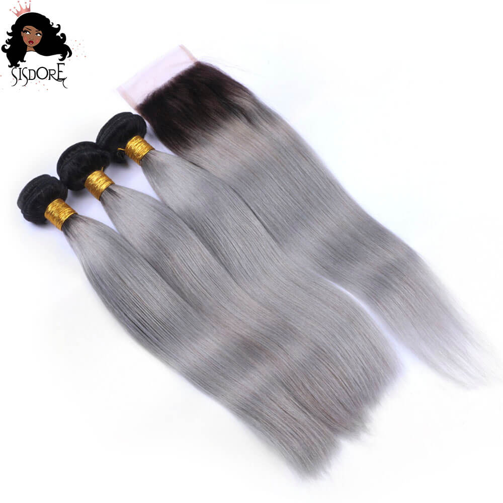 Silver Gray Ombre Straight Human Hair Weaves and 4x4 Closure Deals